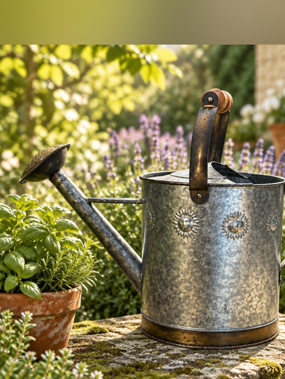 Galvanized Metal/Brass Watering Can with Sunburst Detail, Wood Handle. 15hx19w